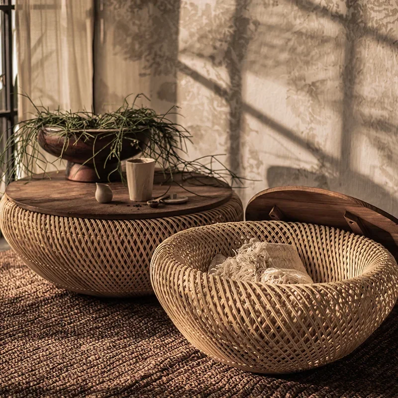 北欧の手作り籐製コーヒーテーブル、リビングルーム家庭用籐製織りアッシュ材無垢材デスクトップ、丸い小さなアパート用