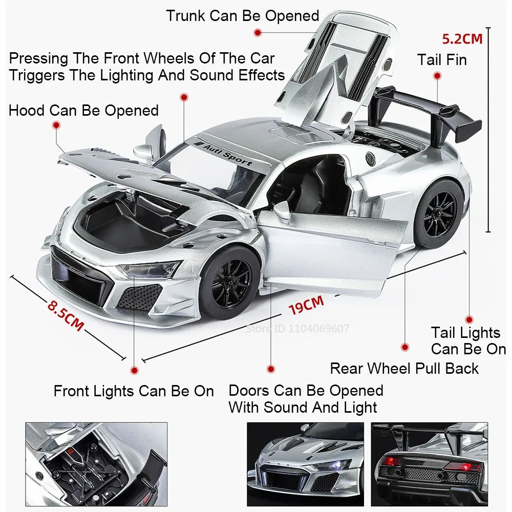 1:24 R8 LMS GT2 Q5 Model Speelgoedauto's Legering Diecast Geluid Licht Deur Geopend Trek Rubberen Banden Simulatie Voertuig voor Kinderen Geschenken