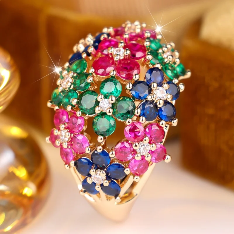 European and American Light Luxury Rainbow Colored Flower Shaped Ring with Red, Green, Blue Powder and Zircon Flower Accessories
