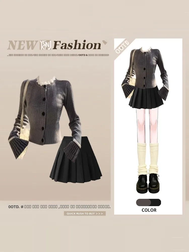 

Вязаный комплект из топа и юбки для женщин: модный весенний комплект с короткой юбкой с высокой талией и вязаным свитером с длинными рукавами и круглым вырезом