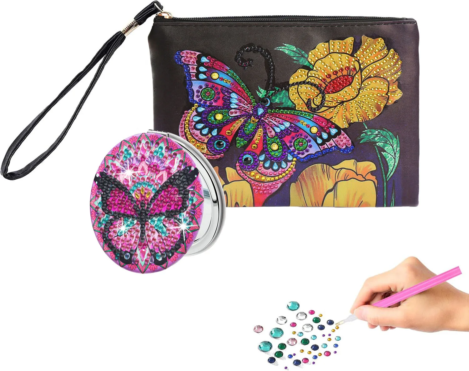 

2pc/Set DIY Butterfly Diamond Painting Purse for Women PU Leather Diamond Art Mirrors Compact for Daily Makeup Travel and Gifts