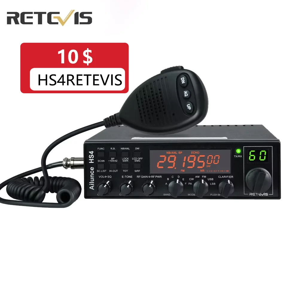 Retevis HS4 10 Meter Ham Radio Long Range Mobile Radio Multi-Mode Switch Dual Watch 6 Frequency Bands Mobile Transceiver