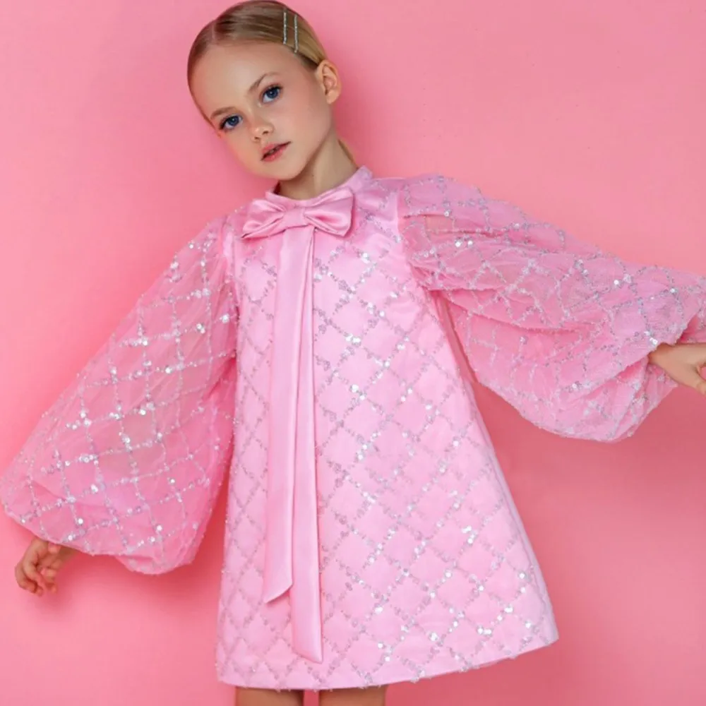 

Girl's long sleeved pink lantern sleeve dress princess dress little girl sequin vestido ocasional