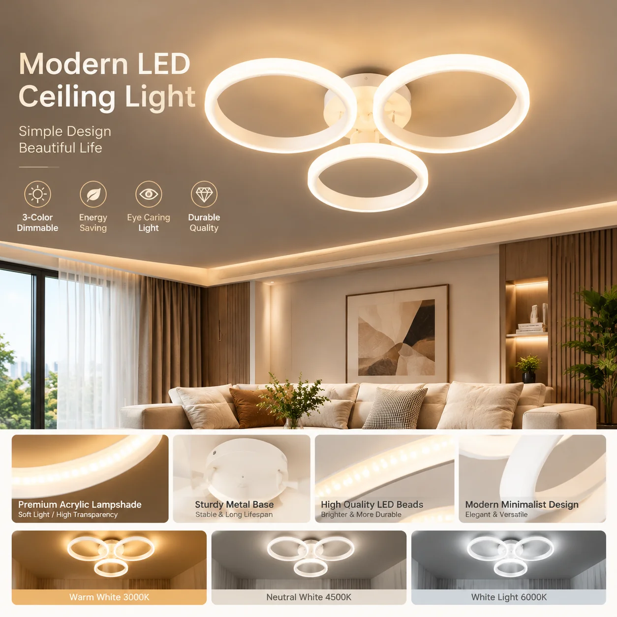 Modern Ceiling Lights 3 Rings Dimmable Chrome LED Ceiling Light Fixtures with Remote Control Close to Ceilings Lighting