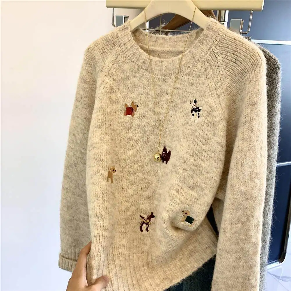 

Adorable Little Dog Embroidery Cashmere Knitted Sweater Women's High-End Feeling Autumn Winter New Style Comfortable Knitwear