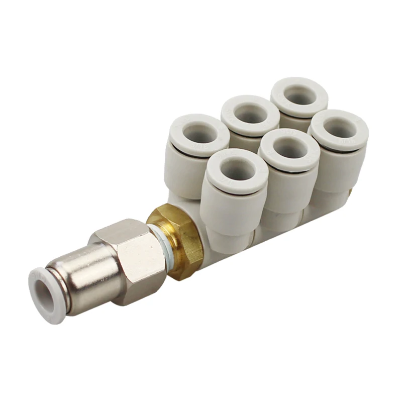 

Seven way Double row six tube quick plug air pipe joint 4 6 8 10 12mm one in six out universal rotation