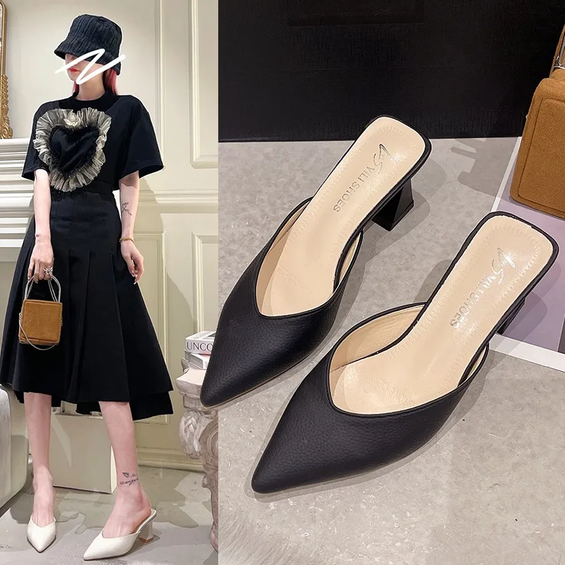 2025 Spring New Women's Fashionable Head Cover Sandals Pointed Toe Thick Heel Slippers Comfortable Breathable
