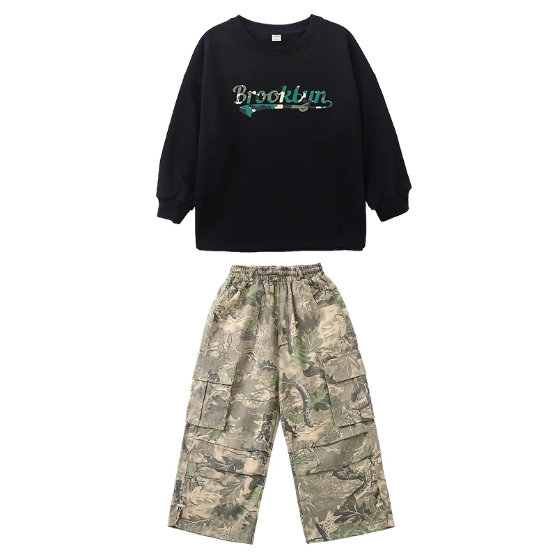 Kinder Kostüme Schwarz Langarm Tops Camouflage Cargo Hosen Street Dance Hip Hop Kinder Jazz Dance Performance Tragen DN20109