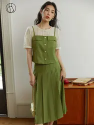 DUSHU Three-piece French Fashion Suit for Women Summer Niche Design Light Shirt + Small Vest Strap + A-Line Pleated Skirt Female