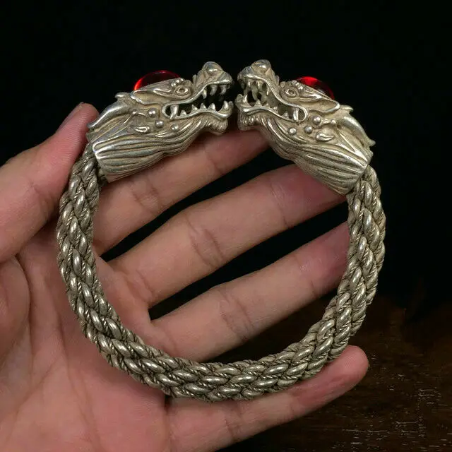 Collectible Chinese Ruby Tibet Silver Handwork Auspicious Dragon Bracelet
