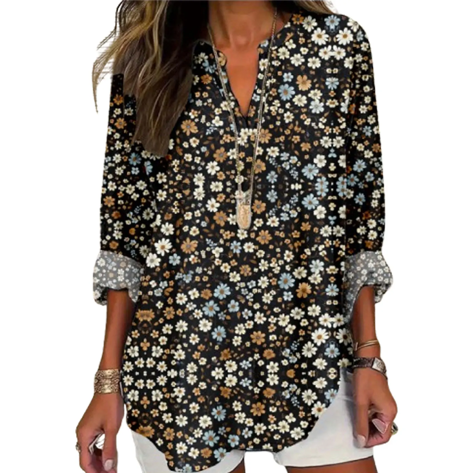 เสื้อเชิ้ตผ้าลินินลายดอกไม้สไตล์โบฮีเมียนสำหรับผู้หญิง คอวี แขนยาว เสื้อคลุมพิมพ์ลายวินเทจ สวมใส่สบายทรงหลวม เหมาะสำหรับฤดูใบไม้ร่วง