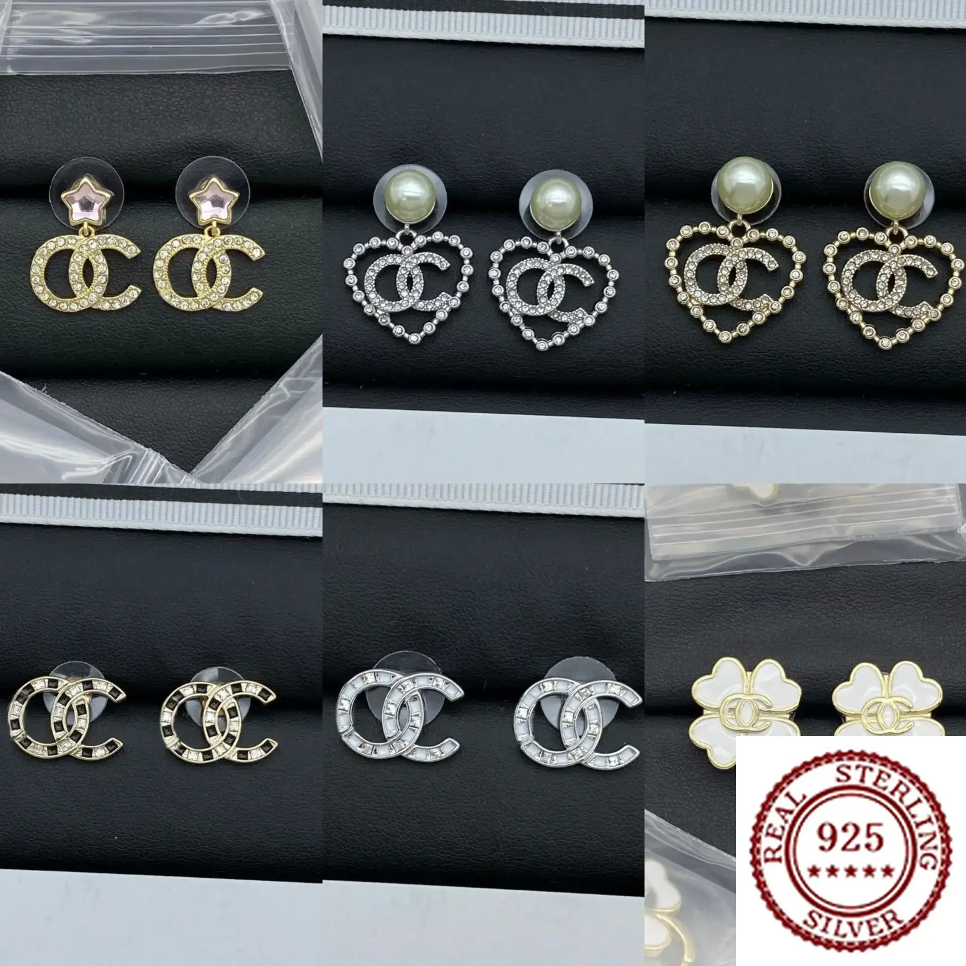 

2025 New Trendy DIY Pure Silver Classic Women's High Version Double C Love Pearl Inlaid Diamond Earstuds Earrings