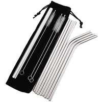 9pcs Silver Pearl Milk Tea Cocktail Straw 304 Stainless Steel Straw Set Milk Shake Drinking Straw with Brush Bag Bar Drinkware