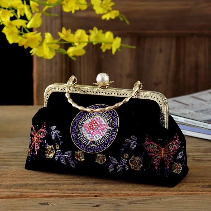 Velvet Retro Clutches Vintage Flower Embroidery Fine Evening Bags For Women Metal Handle Handbags Chain Shoulder Crossbody Bags