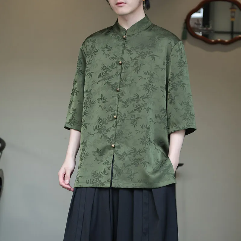 

2026 Men's Chinese Style Bamboo Print Tang Suit Hanfu Shirt Short Sleeve Loose Fit Plus Size Lightweight Breathable Summer Shirt