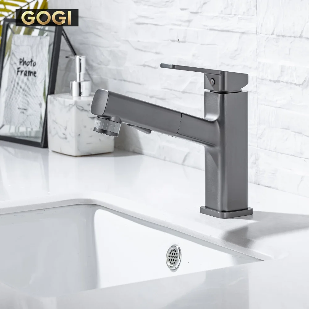 GOGI Solid Brass Pull‑Out Bathroom Basin Faucet Gun Gray Ceramic Cartridge Rotatable Nozzle Switch 3 Water Modes Hot Cold Mixer
