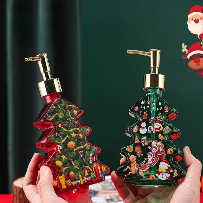 Portable Shaped Glass Soap Dispenser Reusable Christmas Tree Shaped Empty Bathtub Pump Bottle Holiday Decoration Storage Bottle