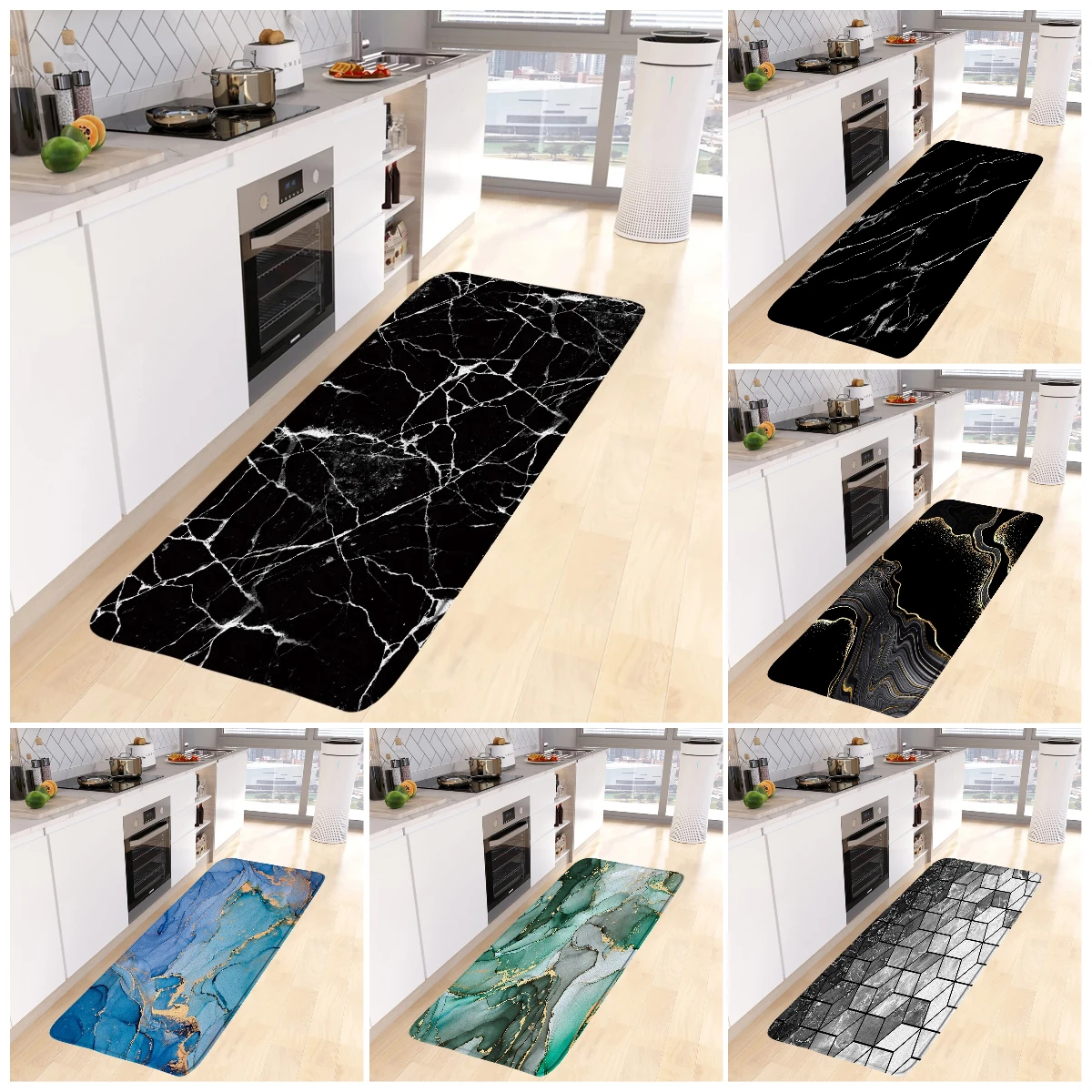 Abstract Marble Kitchen Floor Mat Black Blue Green Modern Geometric Design Room Long Carpet Home Decor Anti-slip Rugs Bath Mats