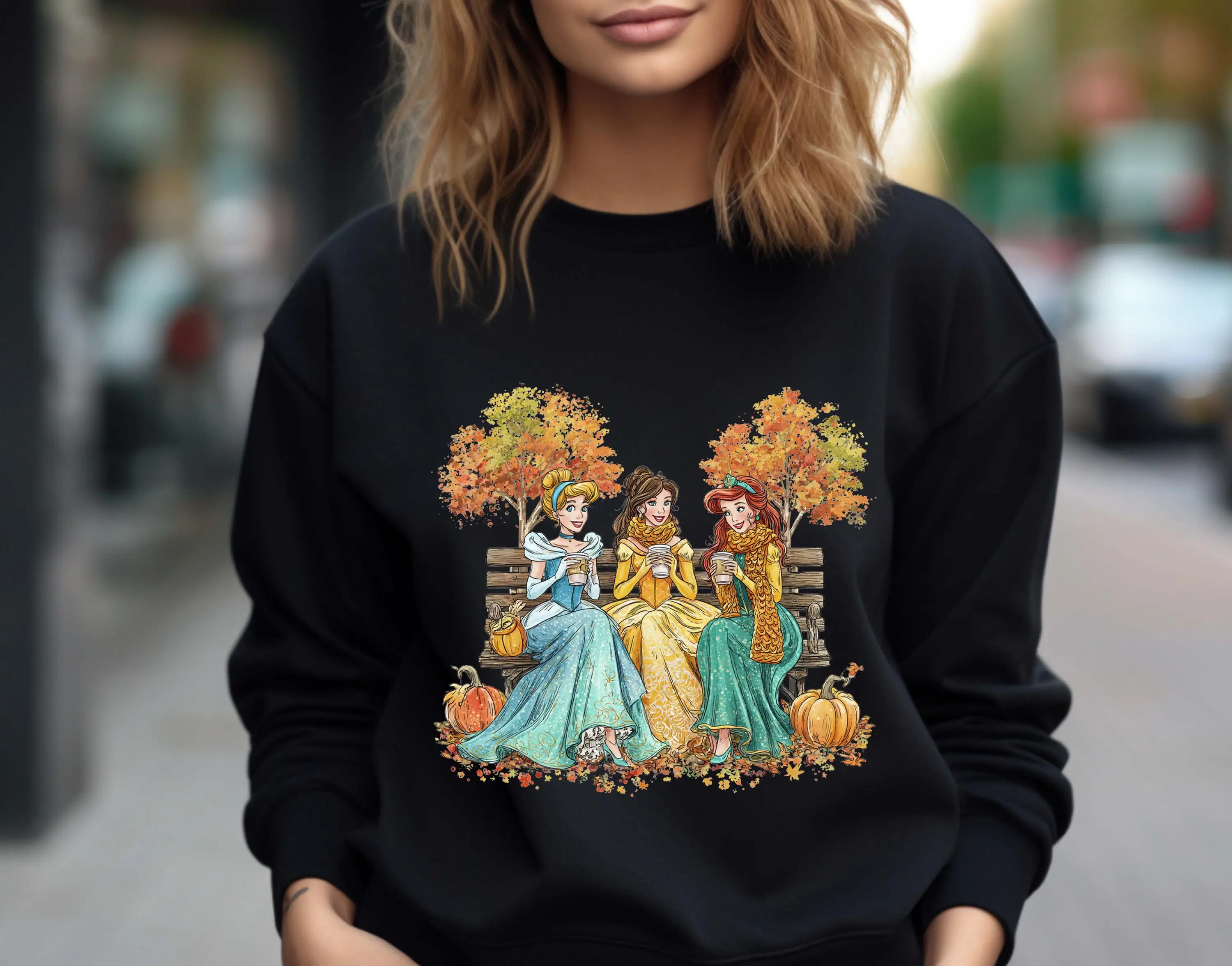 

Акварельная принцесса, осенняя принцесса Диснея, осенняя рубашка с круглым вырезом, ретро принцесса на День Благодарения, осенняя тыква, кофе, Дисней