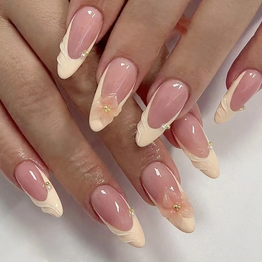 

24PCS Almond Shape Shiny False Nails Yellow French Point Color 3D Drip Glue Flowers Steel Beads European American Press on Nails