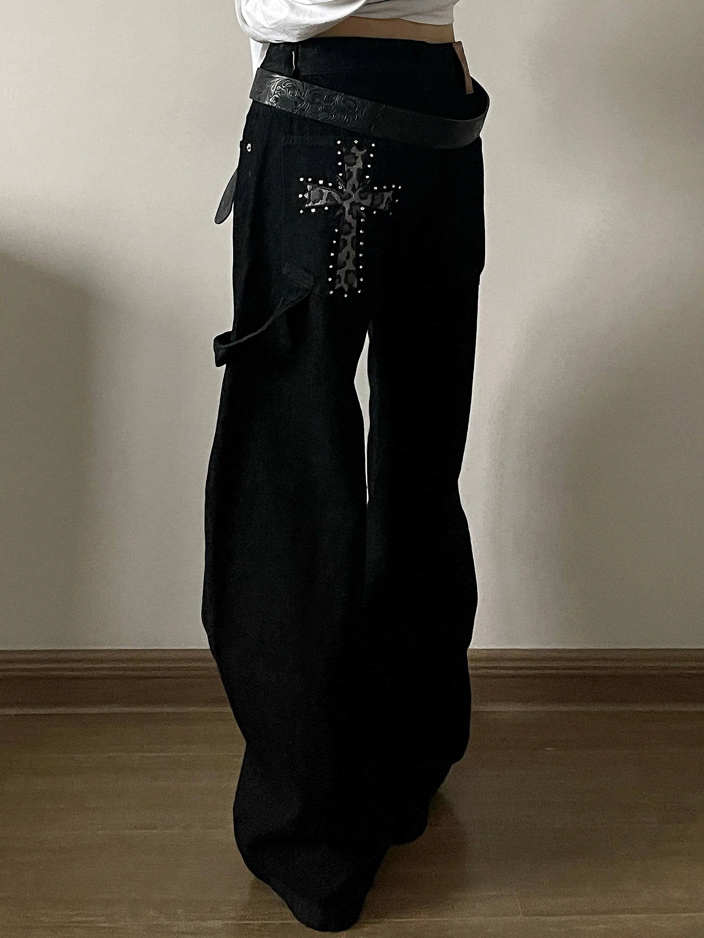 

Retro American Cross Design Loose Straight Leg Jeans Men Spring Autumn High Street Cool Loose Long Pants