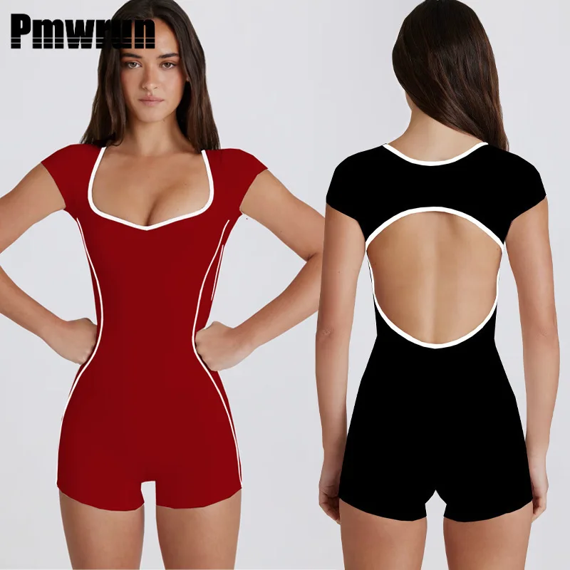 

PMWRUN женский комбинезон для йоги с контрастной отделкой, дышащий эластичный облегающий топ с короткими рукавами и открытой спиной для тренировок в тренажерном зале и фитнесе