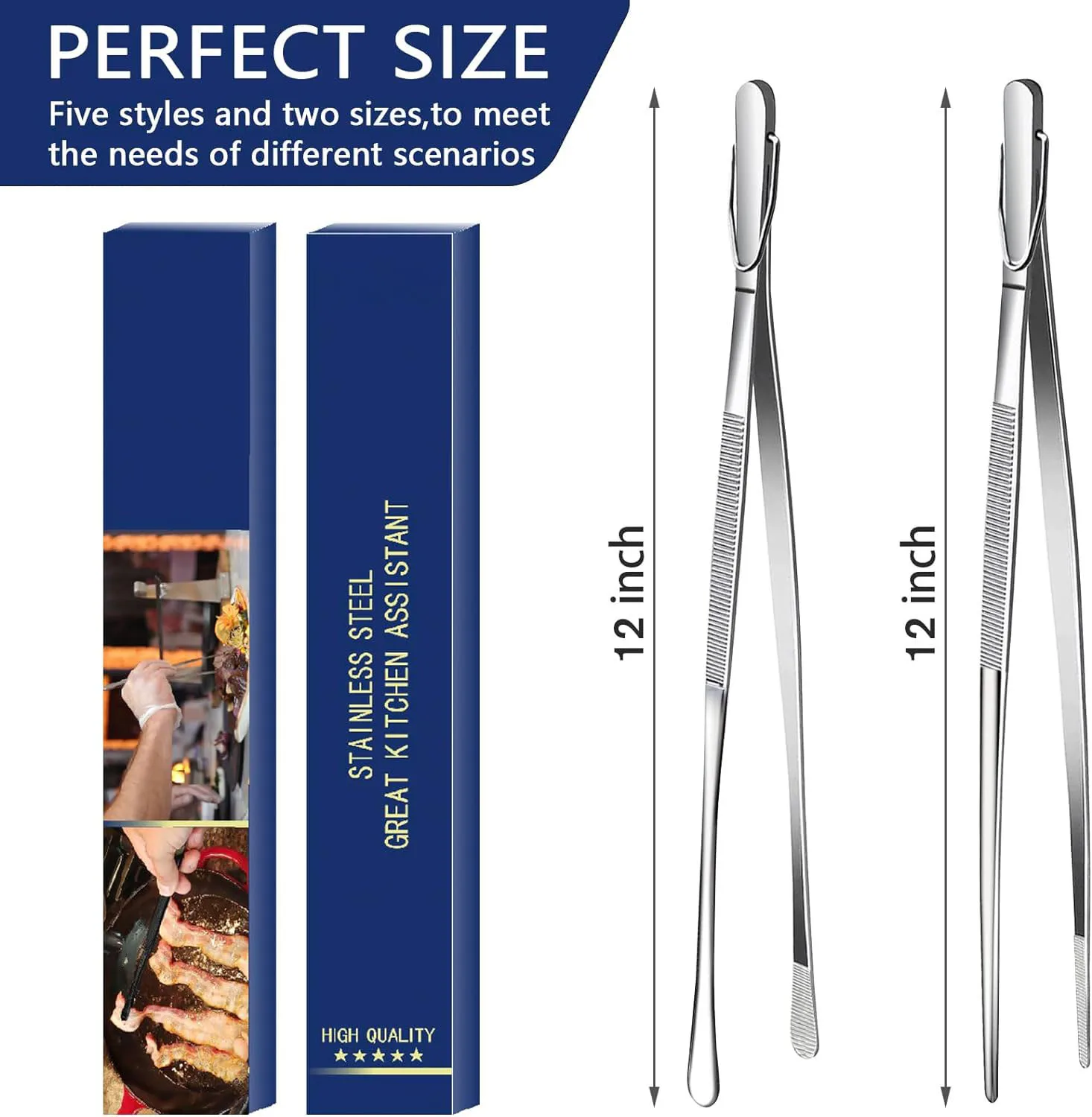 ملقط من الفولاذ المقاوم للصدأ للطبخ ، ملقط طويل ناعم ، ملقاط مطبخ ، 12 بوصة ، 2 روضة