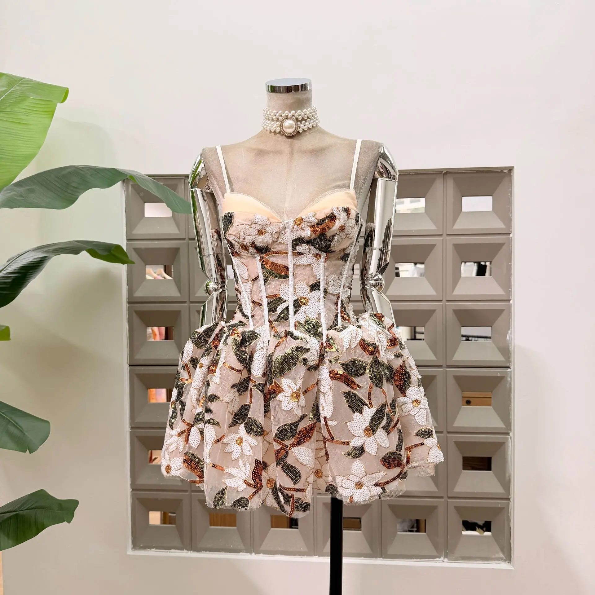 Fashion Sequin Floral Embroidery Corset Mini Dress Women's Spaghetti Strap Green Dresses For Woman Birthday Banquet vestidos New
