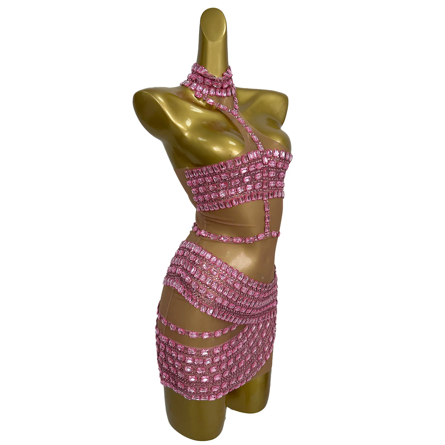 Vrouwen strapless nek hangende jurk roze diamant gewikkeld rok sexy illusie banketjurk toneelvoorstelling kostuum Fangtang