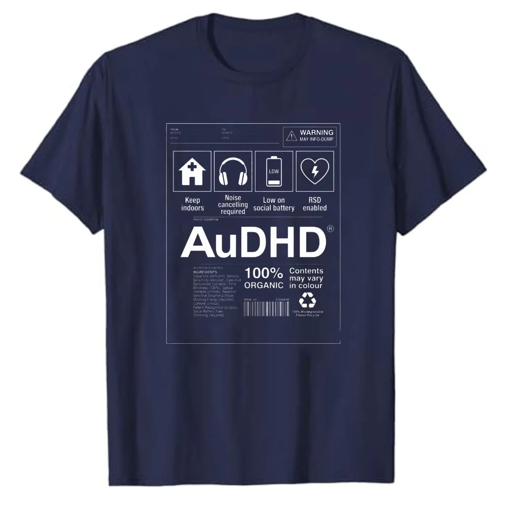 AuDHD Funny Prescription Label Graphic T‑Shirt Casual Cotton Tees Neurodivergent Humor Icons Slogan Mental Health Awareness Tops