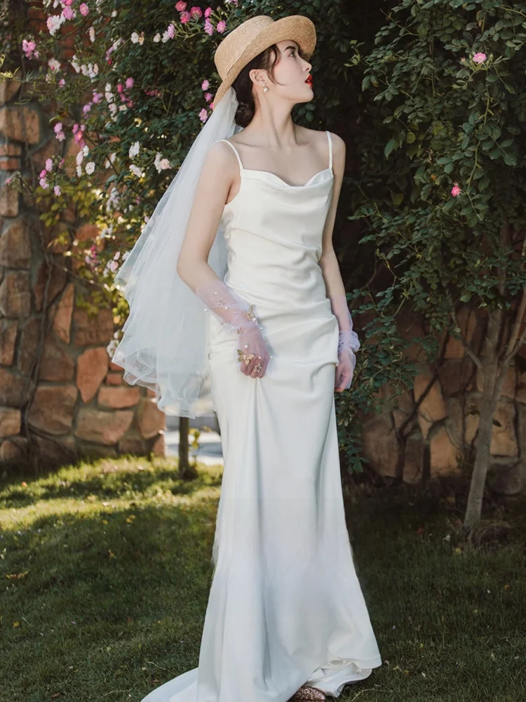 

White Strapl Long Dr Travel Photoaphy Wedding Dr Korean Sle mid Waist Floor Length No Sve Women's Gown
