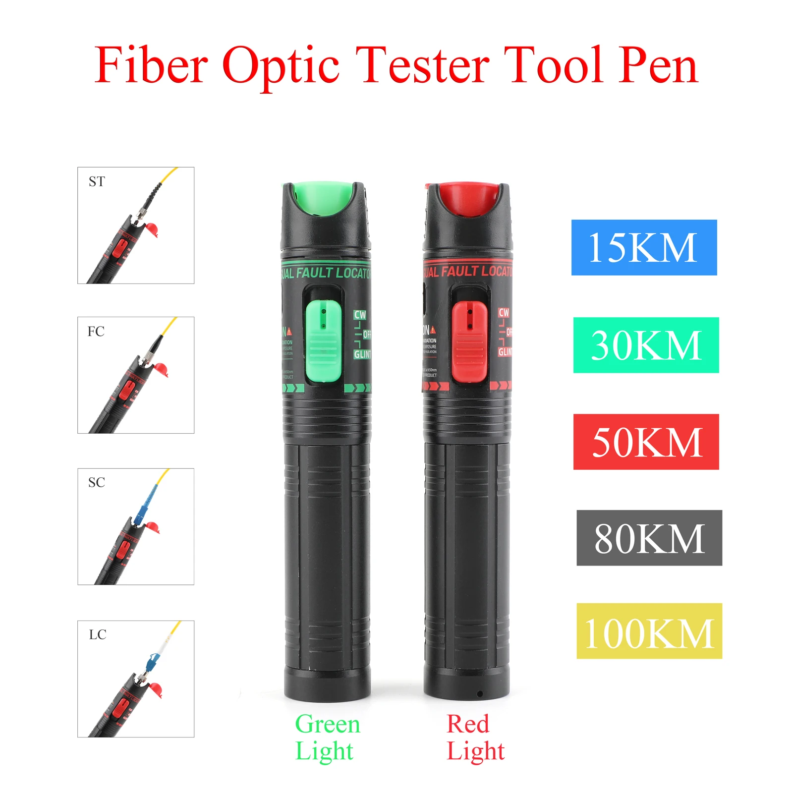 

Rechargeable Optical Fiber Laser Pointer Fiber Cable Test Tool 15/30/50/80/100mW FTTH Optic Pen SC/FC/ST Red/Green Light