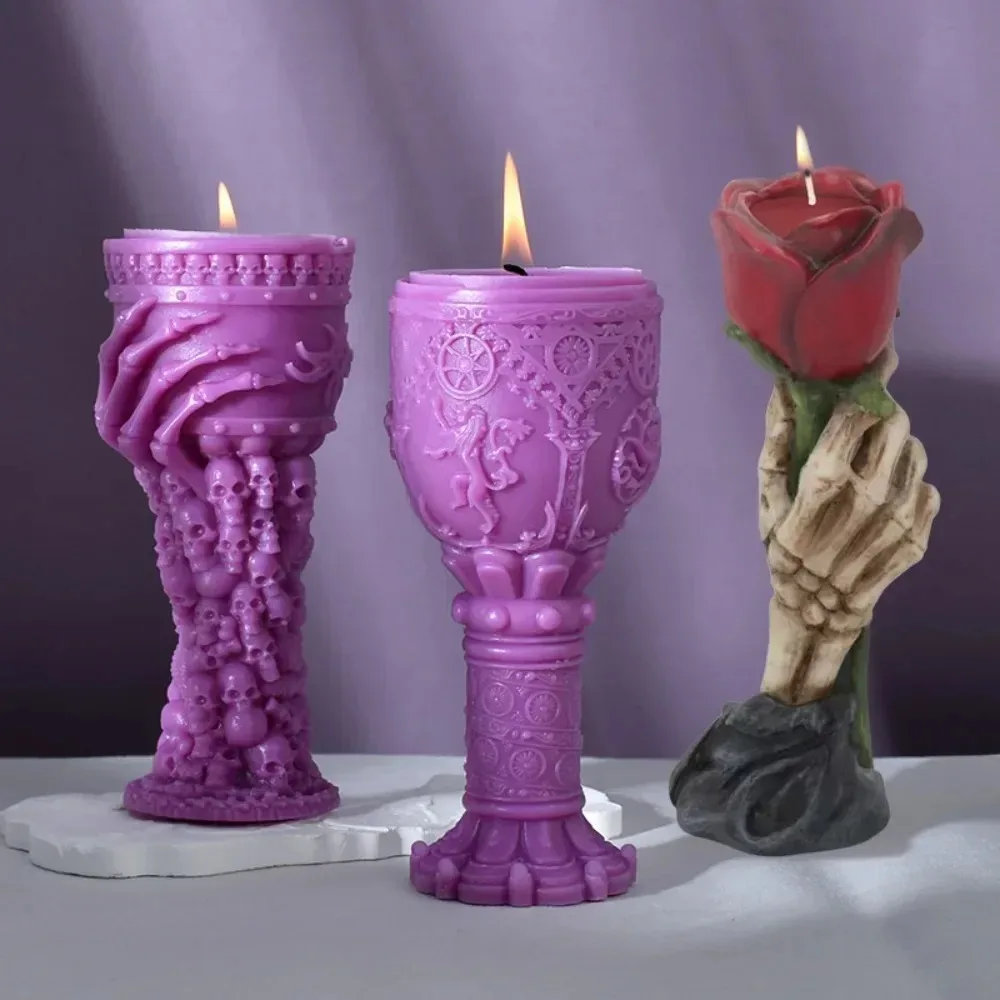 3D Horror Skeleton Hand Goblet Silicone Candle Mold DIY Rose Flower Skull Grail Resin Plaster Mould Chocolate Halloween Decor