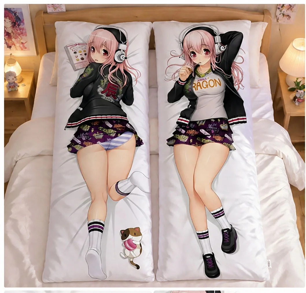 S-Super Sonico Dakimakura Pillow Cover, Double-Sided Print Anime Girl Body Pillow Case, Peach Skin Fabric