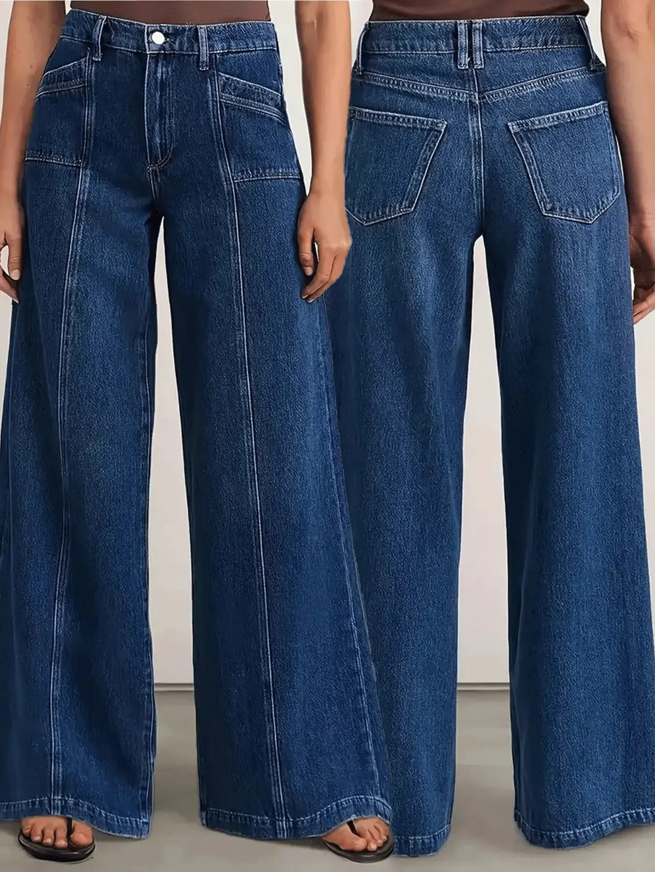 

"Women’s Deep Blue Wide Leg Jeans - Stylish Denim Trousers for Comfort and Versatility