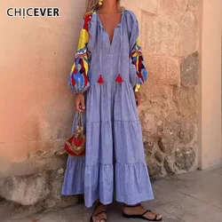 CHICEVER Colorblock Printed Women's Holiday Dresses V Neck Puff Sleeve Loose Waist Spliced Lace Up A Line Pleated Dress Female