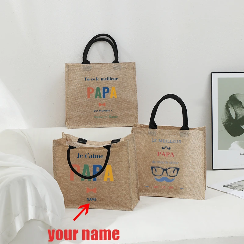 

Personalized with Name Papa Dad Glasses Cyclist Patterns Jute Tote with Hand Shopping Bag for Man Christmas Papa Dad Gifts