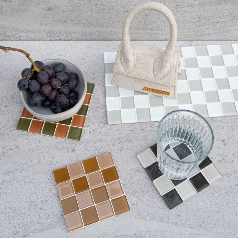 Olive, Beige Mosaic Coaster Vibrant Glass Tile Beverage Coasters with Intricate Patterns for Home Decor Office