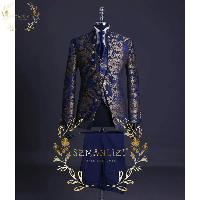 

Navy Blue Gold Floral Jacquard Prom Men Suits For Wedding 3 Piece Slim Fit Groom Tuxedo Stand Collar Costume Jacket Vest Pants