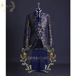 Navy Blue Gold Floral Jacquard Prom Men Suits For Wedding 3 Piece Slim Fit Groom Tuxedo Stand Collar Costume Jacket Vest Pants