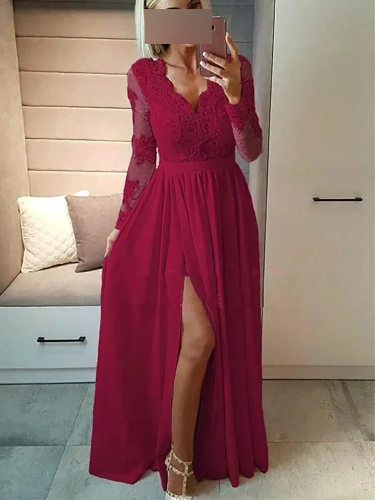 

Elegant V-Neck Chiffon Split Long Sleeve Lace Evening Dresses Vestidos De Festa Party Dress Prom