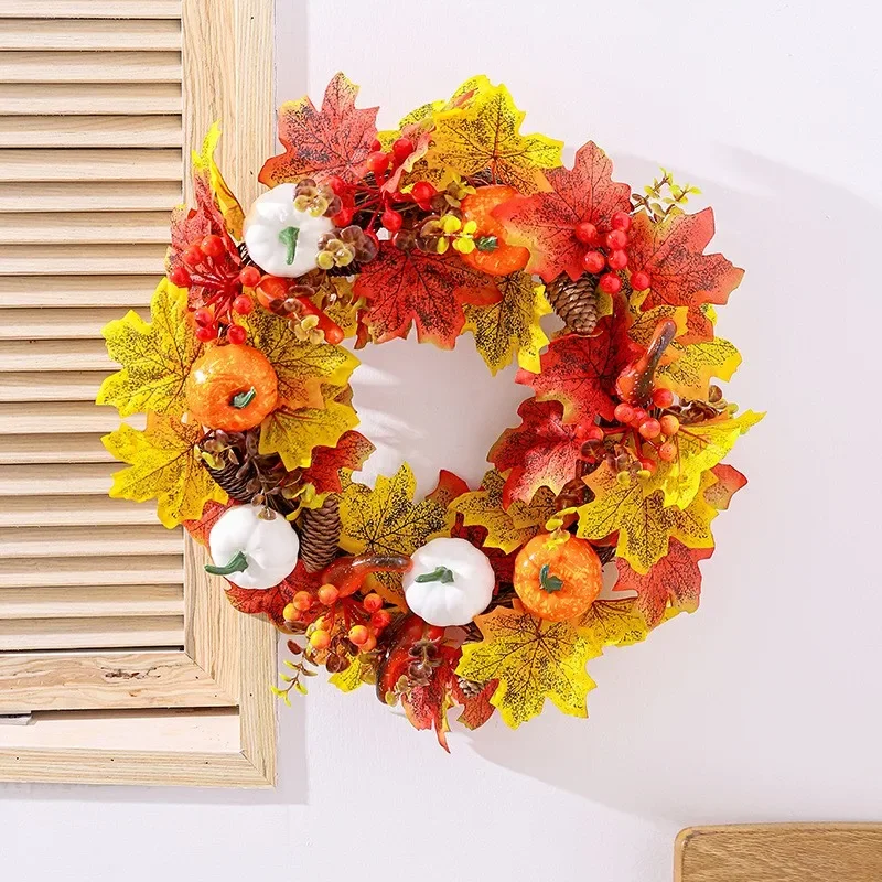 Thanksgiving Fall Colorful Hanging Decorative Home Window Display Door Hanger Faux White Pumpkin Maple Leaf Wreath