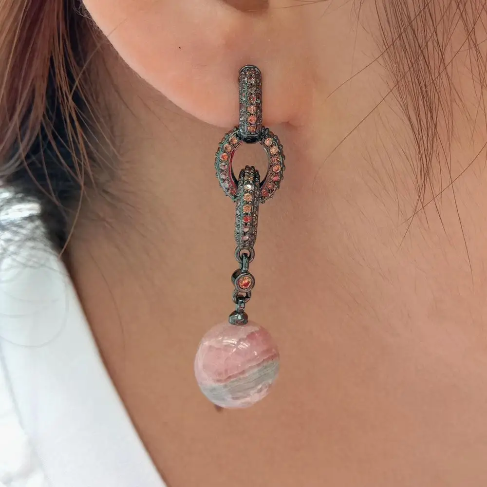 

Natural Pink Red Rhodochrosite round Brown Cz pave Loop gunmetal color plated Stud Earrings For Women Fashion Party Jewelry