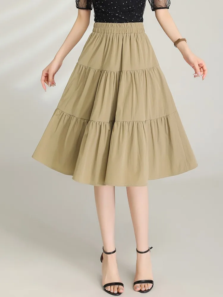 ZUZK Zomer Leuke A-lijn Rokken Nieuwe Vrouwen Elastische Taille Mid-Lengte Tiered Rok Cool Droop Rok Student Rok jupe leuke rok