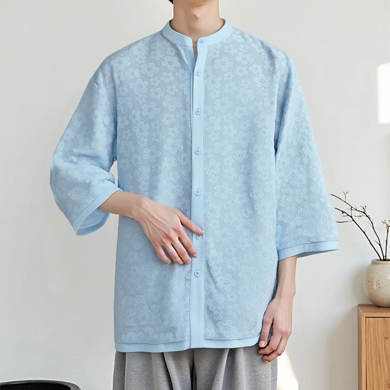 

INCERUN Men Shirt Flower Jacquard Stand Collar 3/4 Sleeve Streetwear 2025 Men Clothing Oversize Korean Fashion Casual Tops Men
