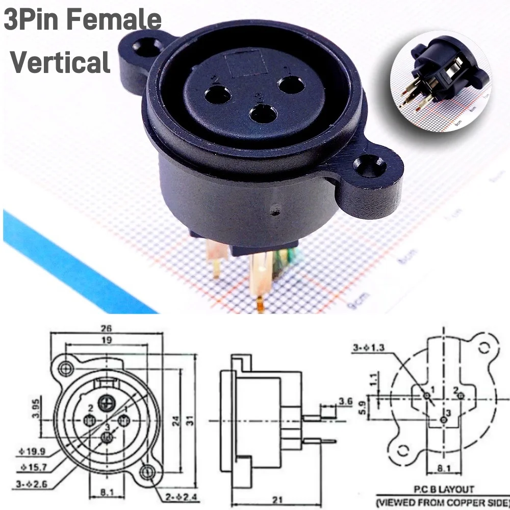 2 pcs XLR Socket 3 pin Socket Receptacle Vertical Solder PCB through Holes Panel Mount Gold Plating 3 Position circular Female