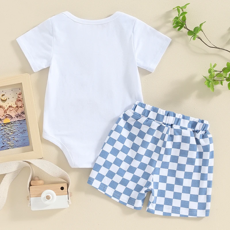 

Baby Boy Shorts Set Letter Embroidery Short Sleeve Round Neck Romper with Checkerborat Pattern Shorts 2Pcs Outfit