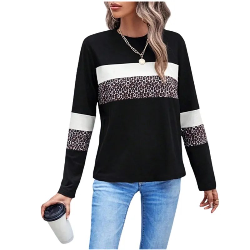 Women\'s T Shirt 3D Print Leopard Print Colorblock Tees Print Tee Long Sleeve Fashion Street Round Neck Loose Casual Ladies Tops