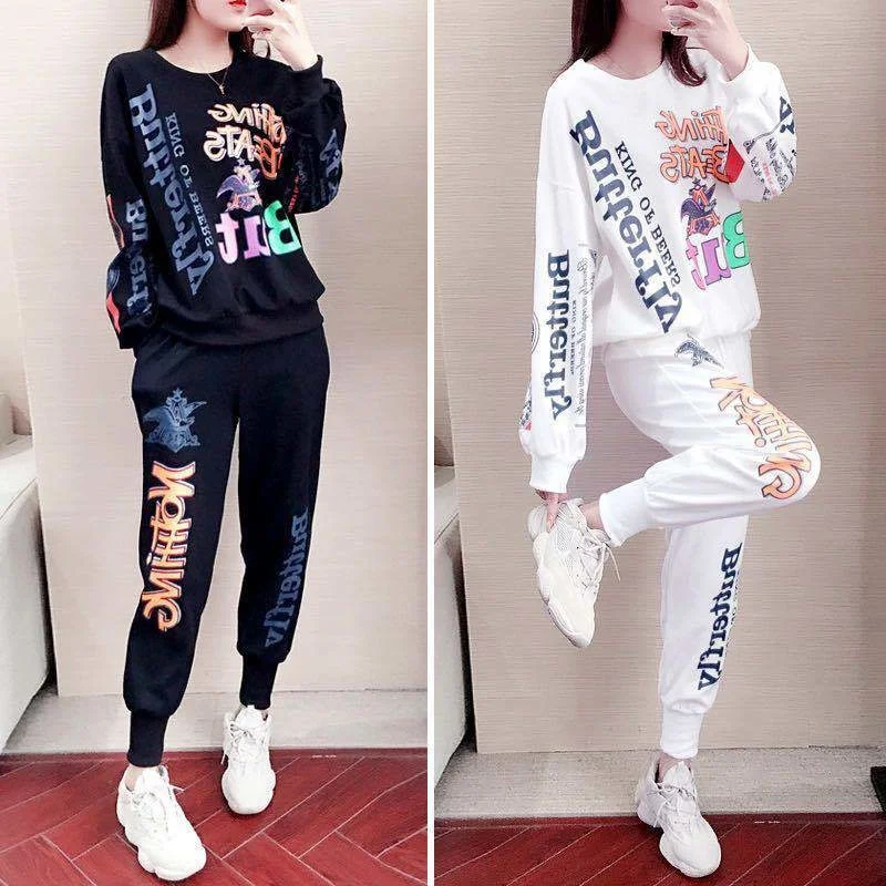 Women\'s 2024 Spring Autumn New Fashion Tracksuit Casual Sweat Suit Loose Long Sleeved Top And Pant 2 Two Piece Sets For Women