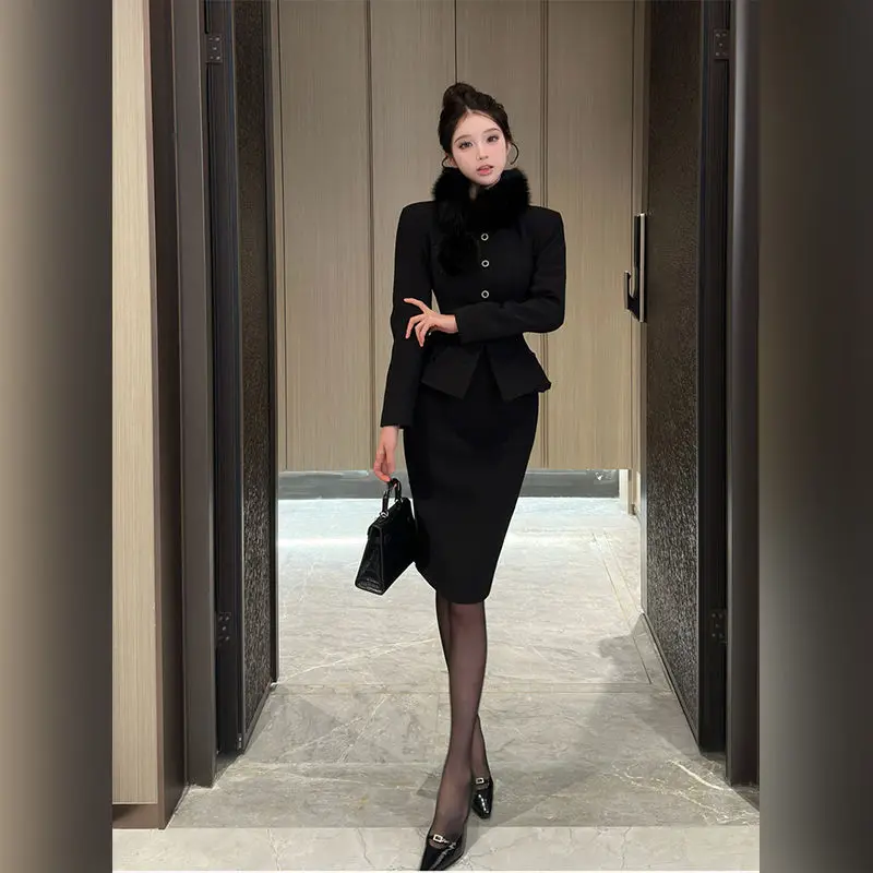 Women's Vintage Small Fragrant Fur Collar Suit Jacket Half Skirt Set Black Hepburn Style Feather    Two-piece 